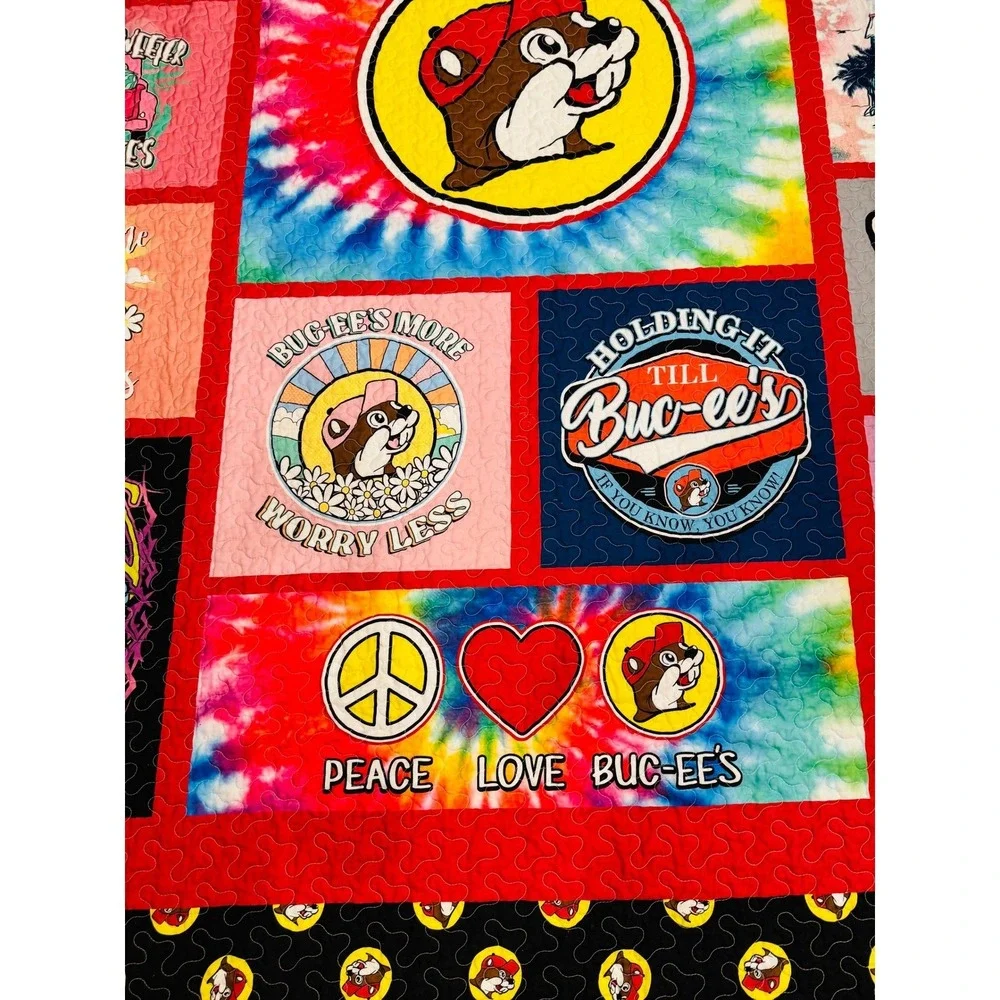 Buc-ees Quilt Throw Blanket Large Red Multi Tie Dye Patchwork Graphic 87x87